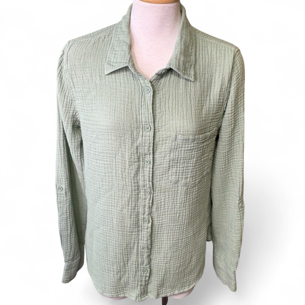 Cosmic Blue Love Green Textured Button-Up Shirt Size Medium